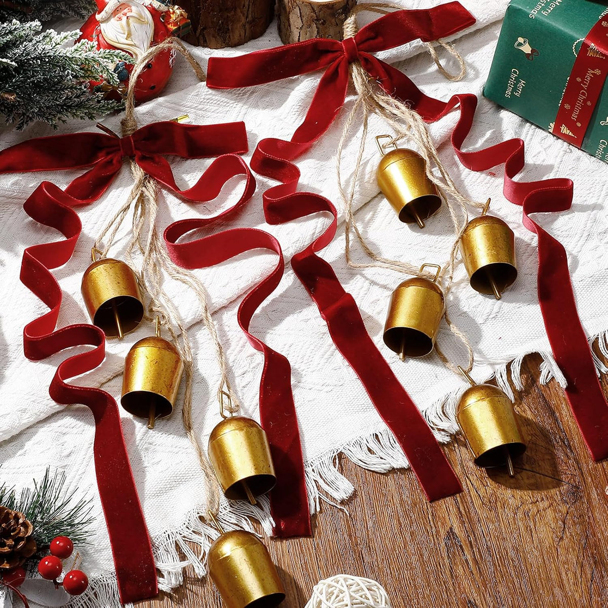 Suncalla 2 Pcs Christmas Cow Bells with 8 Pcs Burgundy Velvet Christmas Bows Vintage Rustic Gold Bell with Velvet
