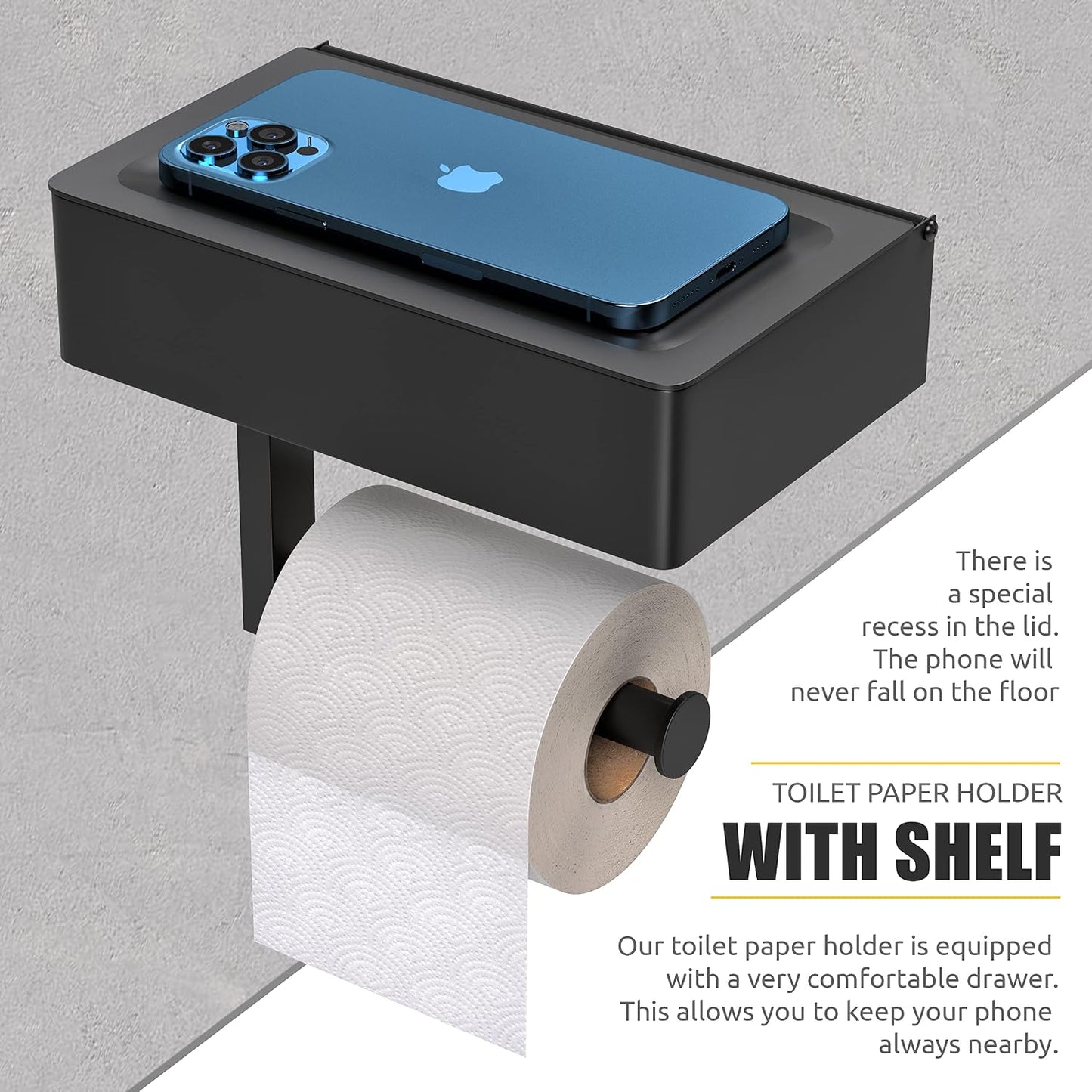 Black Toilet Paper Holder Wall Mounted with Shelf & Wipes Storage – Stainless Steel SUS304 Modern Toilet Tissue Roll