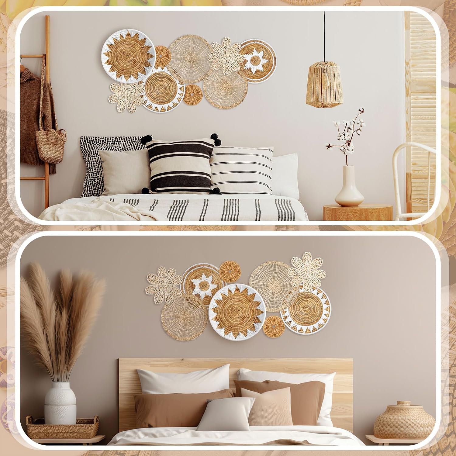 Boho Wall Basket Decor Decorative Bulrush Woven Basket Wall Decor Rustic / Flower / Set of 8