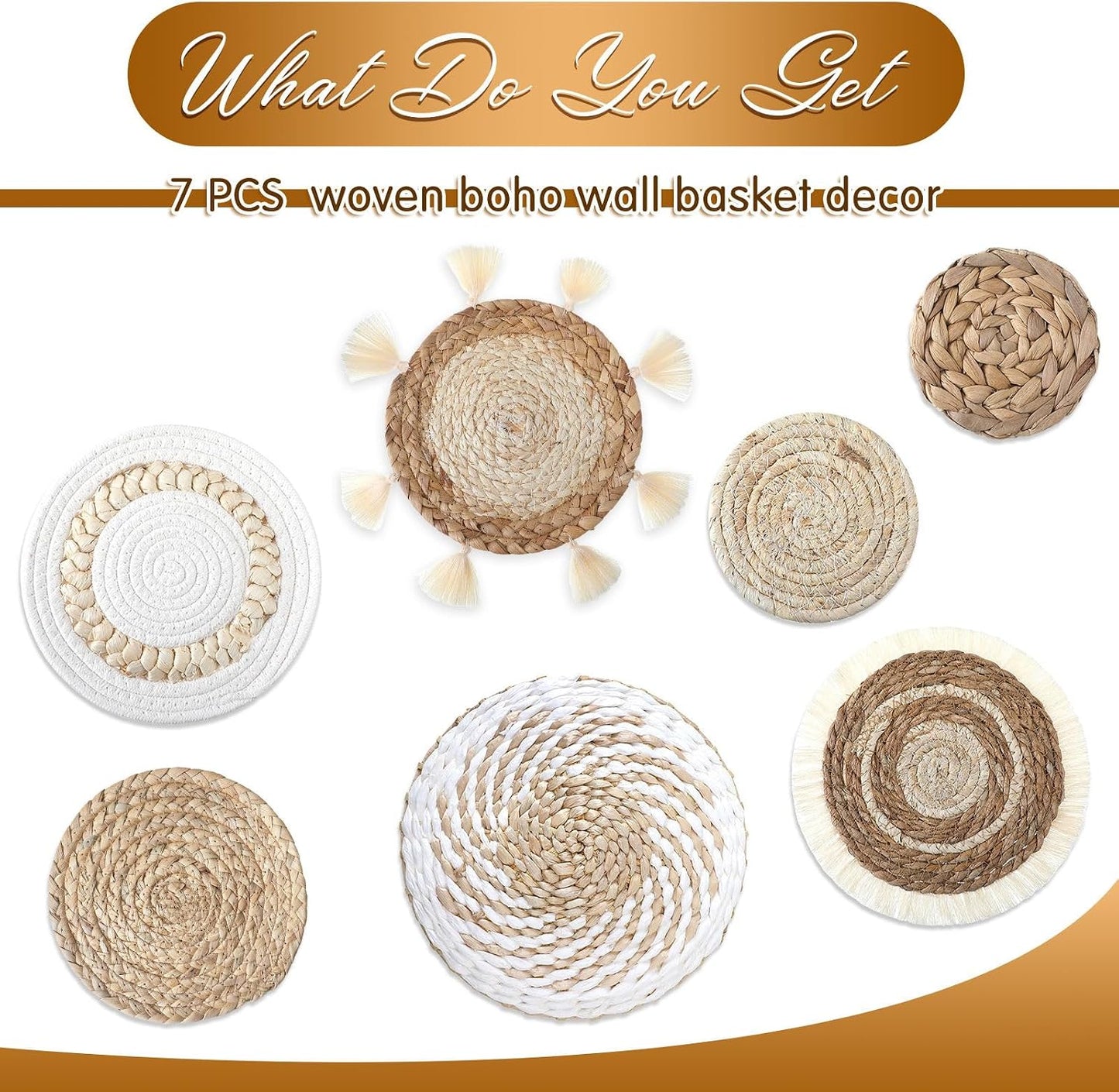 Boho Wall Baskets Decor Hanging Rustic Rattan Wicker Wall Basket for Farmhouse Living / Set of 7