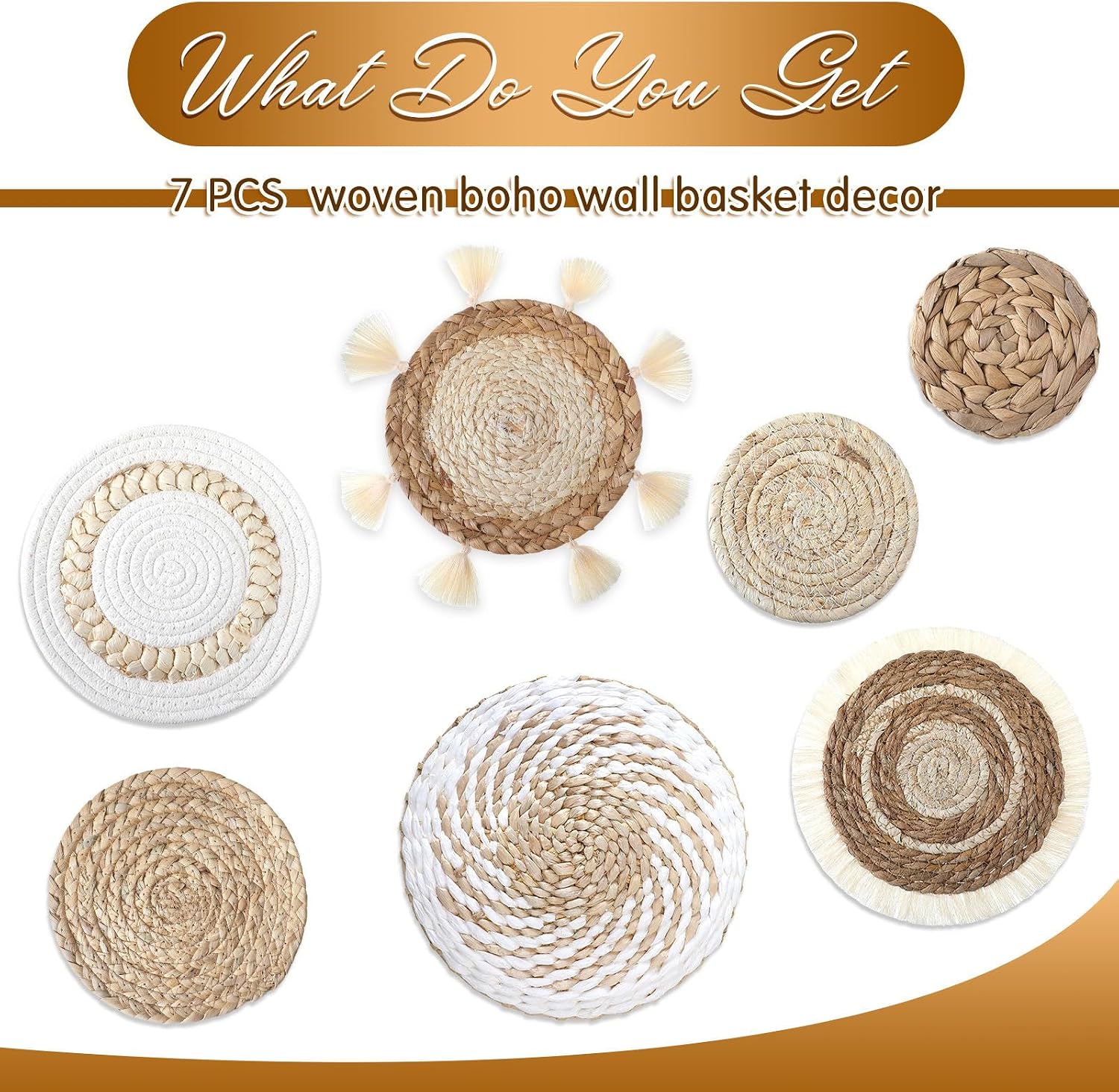 Boho Wall Baskets Decor Hanging Rustic Rattan Wicker Wall Basket for Farmhouse Living / Set of 7