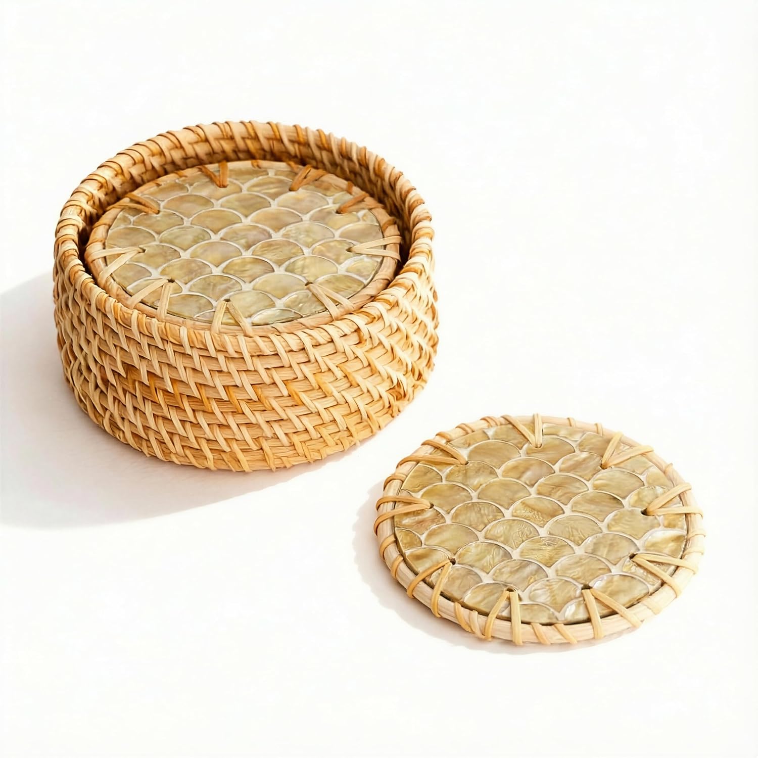 Holder • Handmade Round Coaster • Wicker / Cascade Light / Set of 6