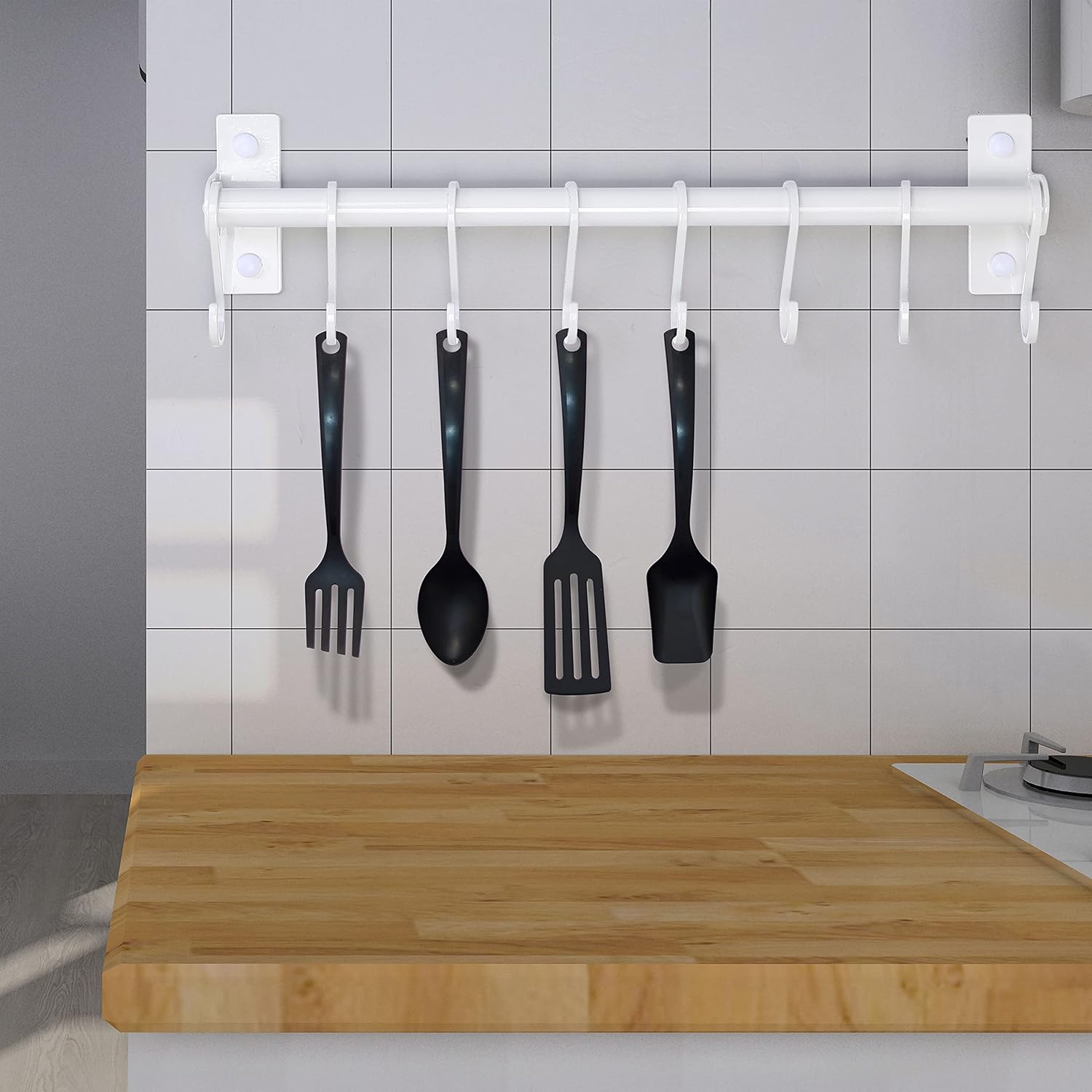 Kitchen Utensil Holder Hanger, Pot and Pan Rack Wall Mounted, Kitchen Rail with 8 Hooks for Hanging Cooking Utensils