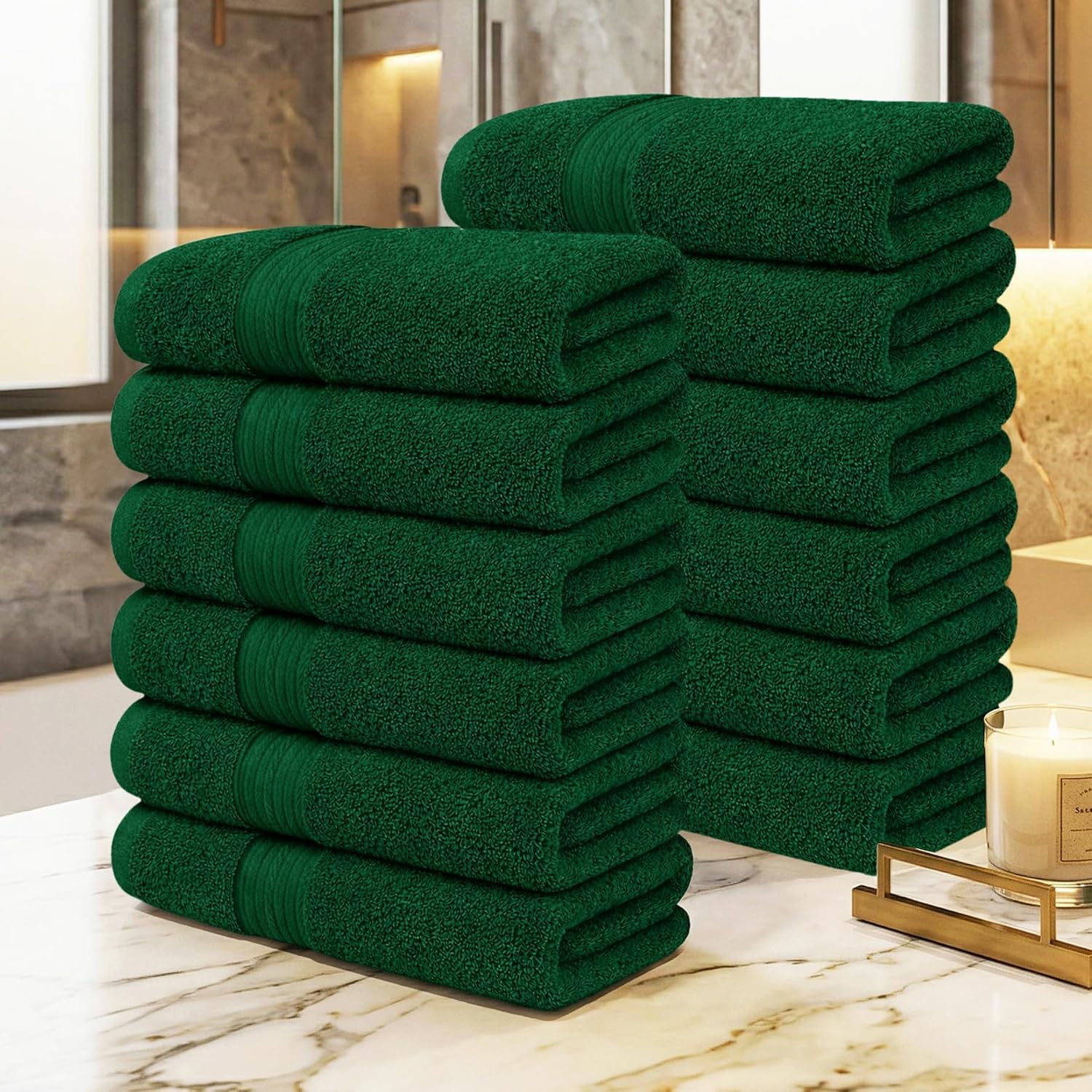 100% Cotton Hand Towels 18x28 Inches, 600 GSM, Soft & Absorbent, Set of 12, Green