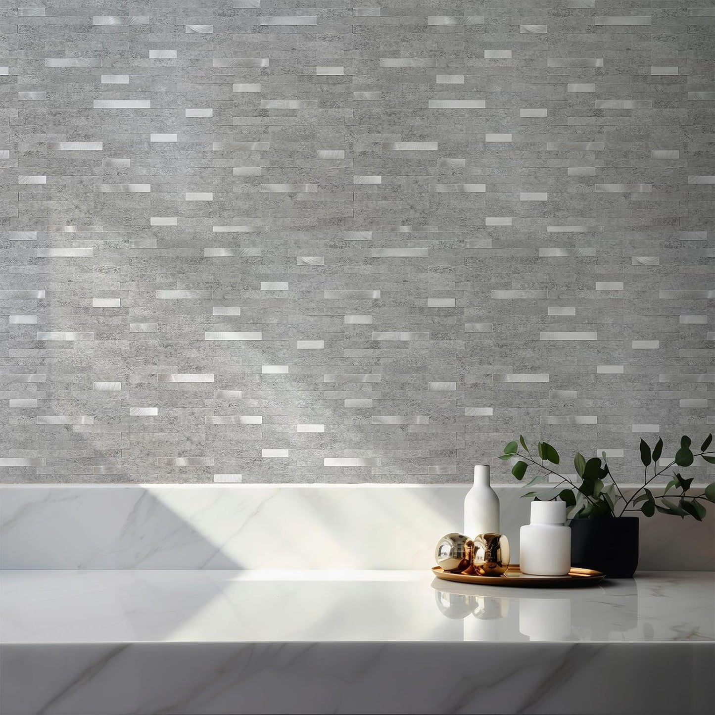 StyloVue 20 Sheets Peel and Stick Backsplash for Kitchen, Slate Gray with Metal Silver Look Stick on Tile Upgrade Your
