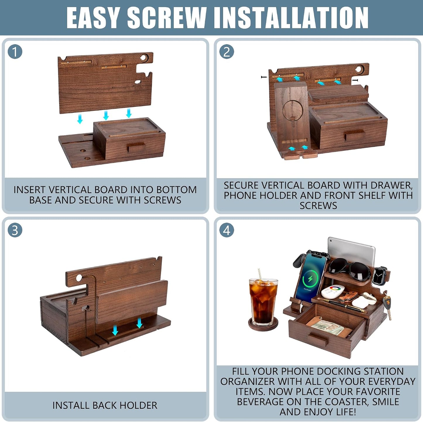 Wood Phone Docking Station with Drawer, Compatible with Apple Watch - Wood Charging Station Organizer Stand, Bedside