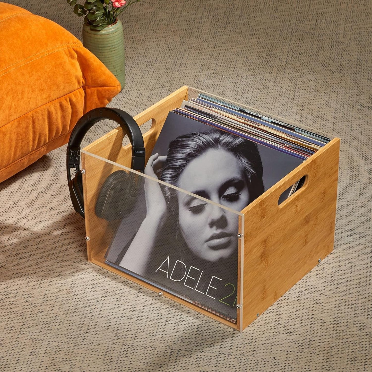 X-cosrack Vinyl Record Storage Crate, Visible Vinyl Record Holder | Acrylic & Bamboo Record Crates with Handle for LP