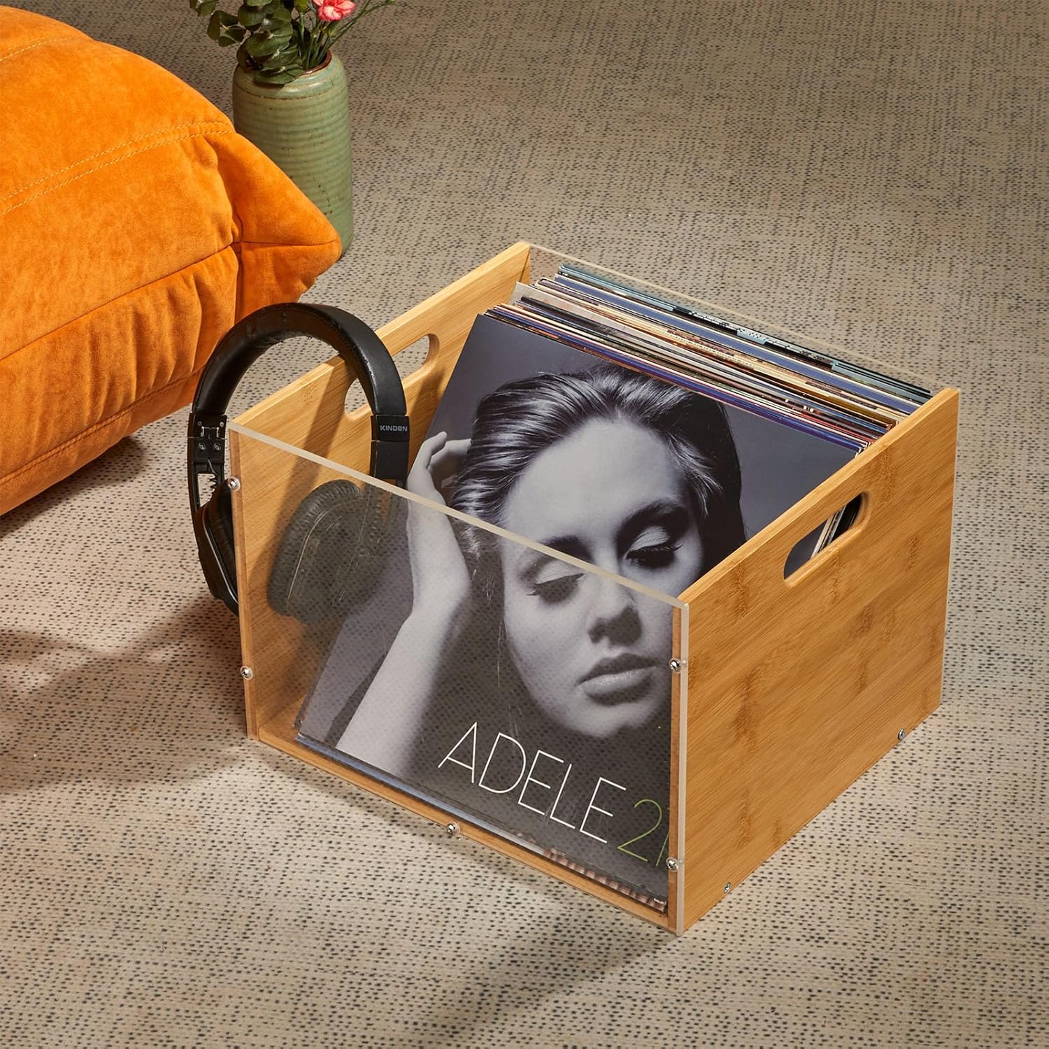 X-cosrack Vinyl Record Storage Crate, Visible Vinyl Record Holder | Acrylic & Bamboo Record Crates with Handle for LP