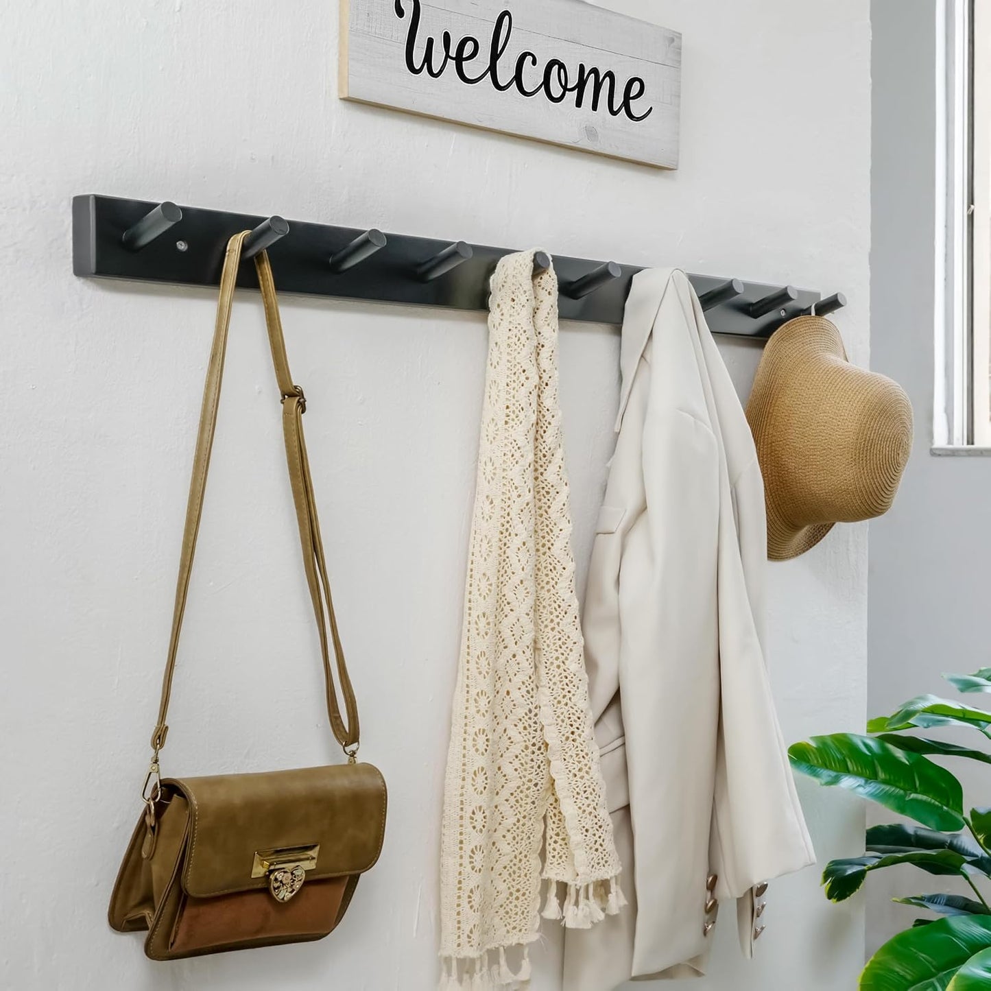 WEBI Coat Rack Wall Mounted,10 Hooks,38" Long Coat Hanger Wall Mount,Bamboo Peg Rail Hat Rack for