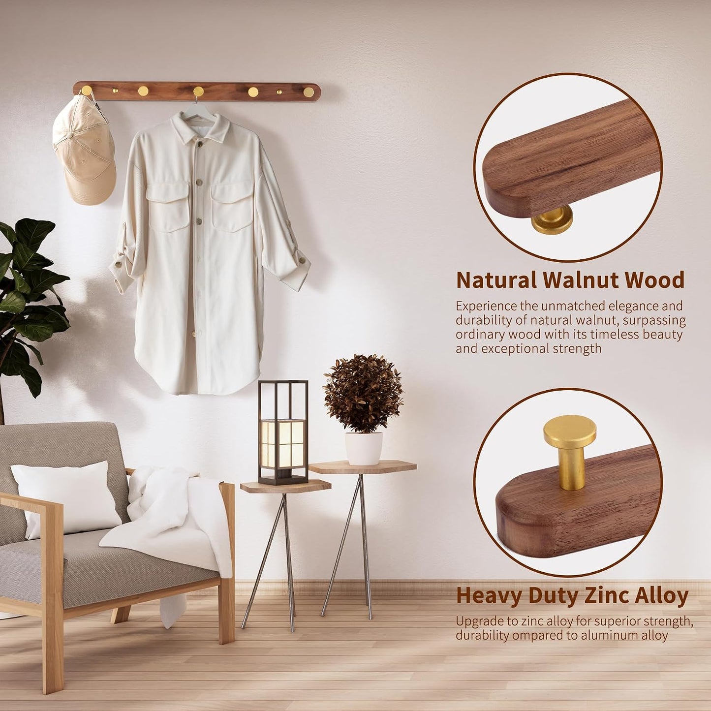 Wall Mounted Coat Rack, Metal Wood, with 5 Hooks | Walnut Gold Matt, For Coat, Scarf, Bag, Towel, Key, Cap, Hat