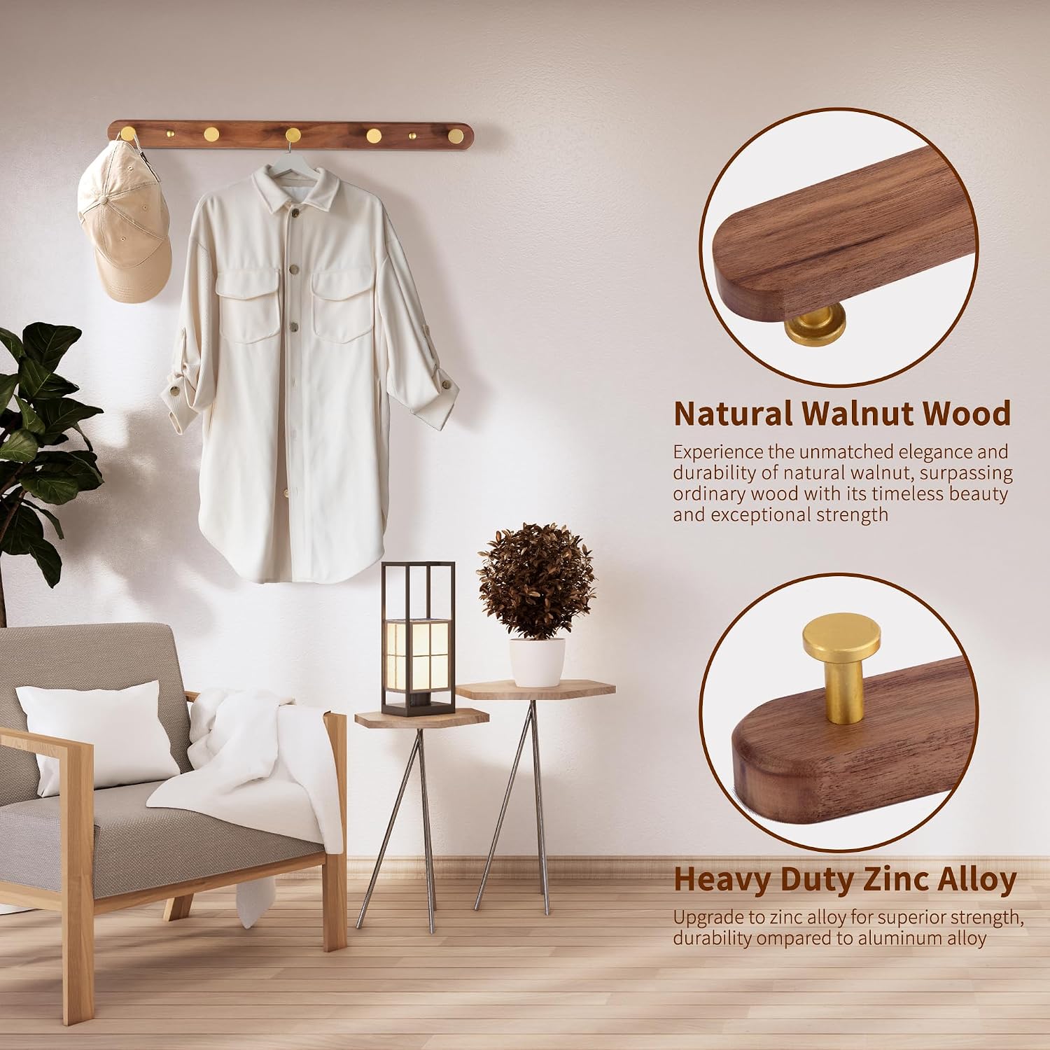 Wall Mounted Coat Rack, Metal Wood, with 5 Hooks | Walnut Gold Matt, For Coat, Scarf, Bag, Towel, Key, Cap, Hat