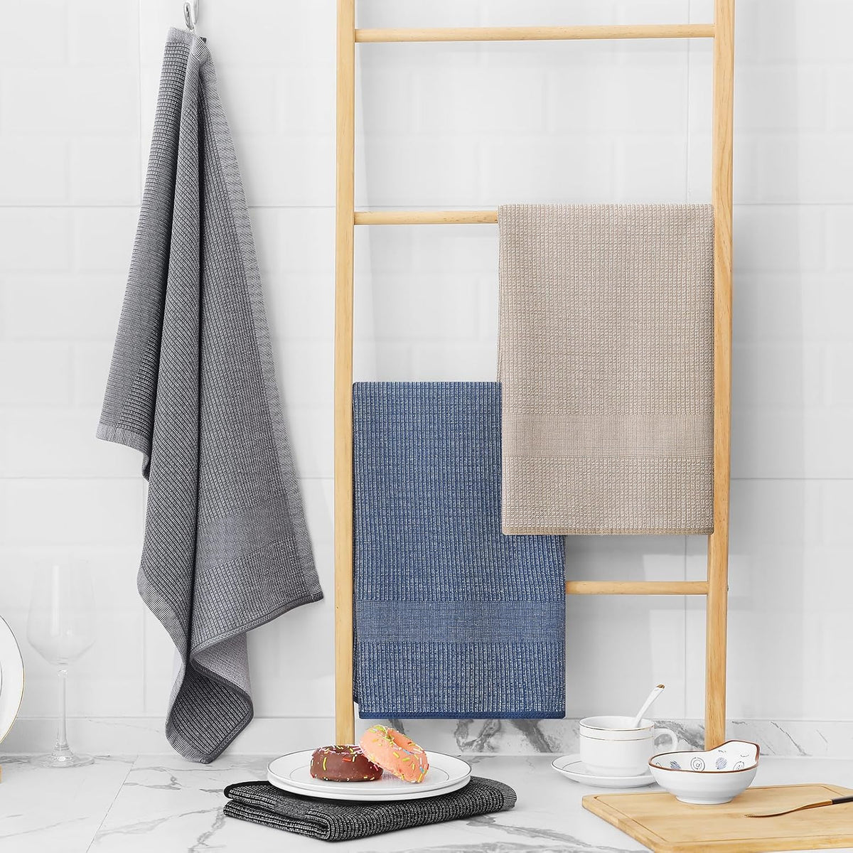 Homaxy 380 GSM Cotton Premium Kitchen Towels 12 Pack, 18"x 28", Mix | Flat and Terry Dish Towels, Highly Absorbent Tea