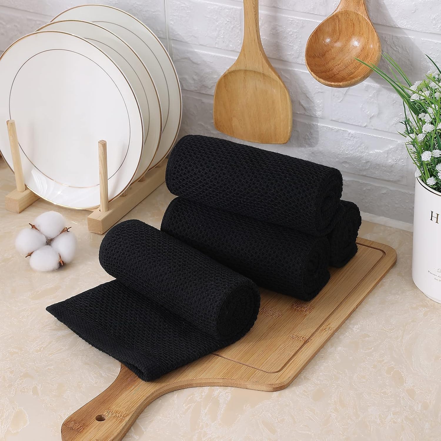 Kitinjoy 100% Cotton Waffle 12-Pack Kitchen Towels, 13" x 28", Black | Super Soft, Ultra-Absorbent, Fast Drying