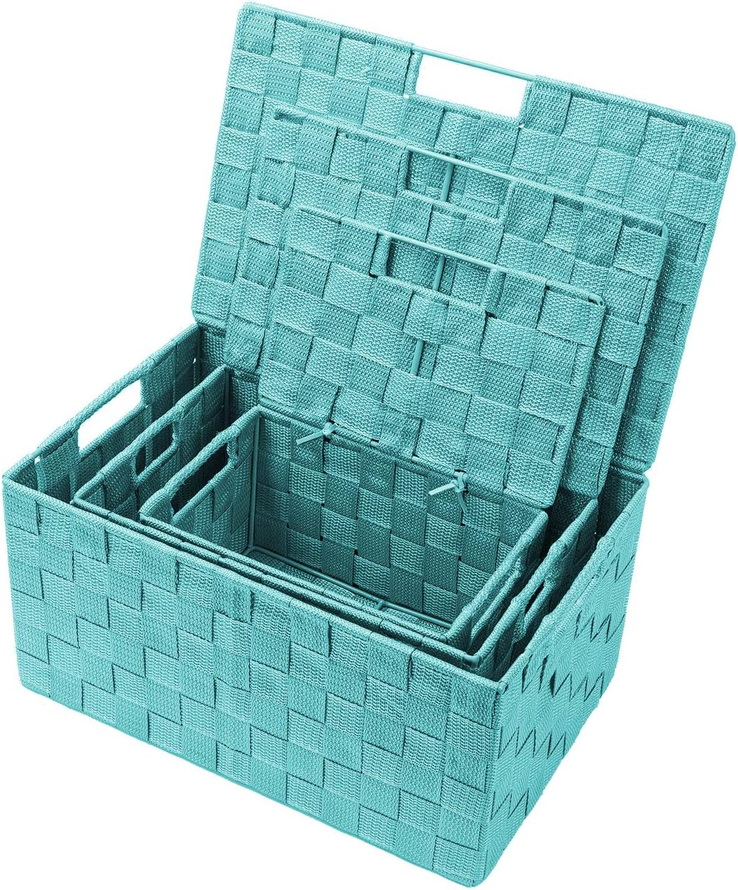 Hand-Woven Storage Baskets / Lid Bins / Aqua / Set of 3