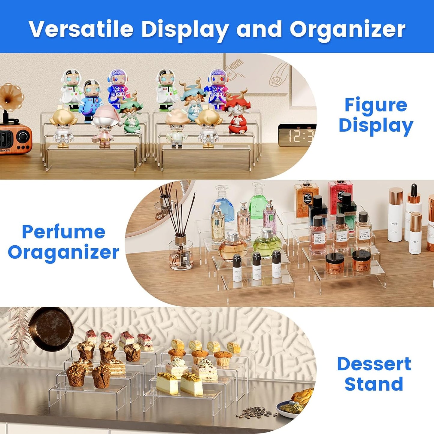 Rectangular Tabletop Display Stand for Amiibo Funko POP Figures / Acrylic Risers / Clear / Set of 8