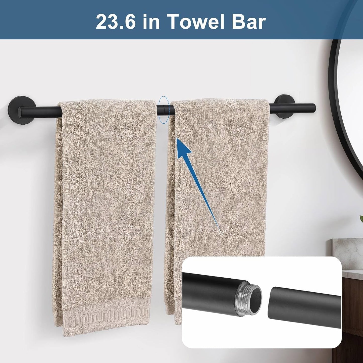 5 Pieces Matte Black Bathroom Hardware Accessories Set, Bathroom 23.6 Inch Towel Bar Set Stainless Steel Toilet Paper