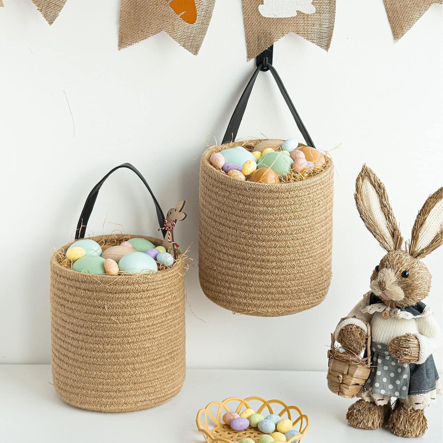 Small Woven Fern Hanging Rope Basket Flower Plants Wall Basket Decor Set Boho / Jute / Set of 2