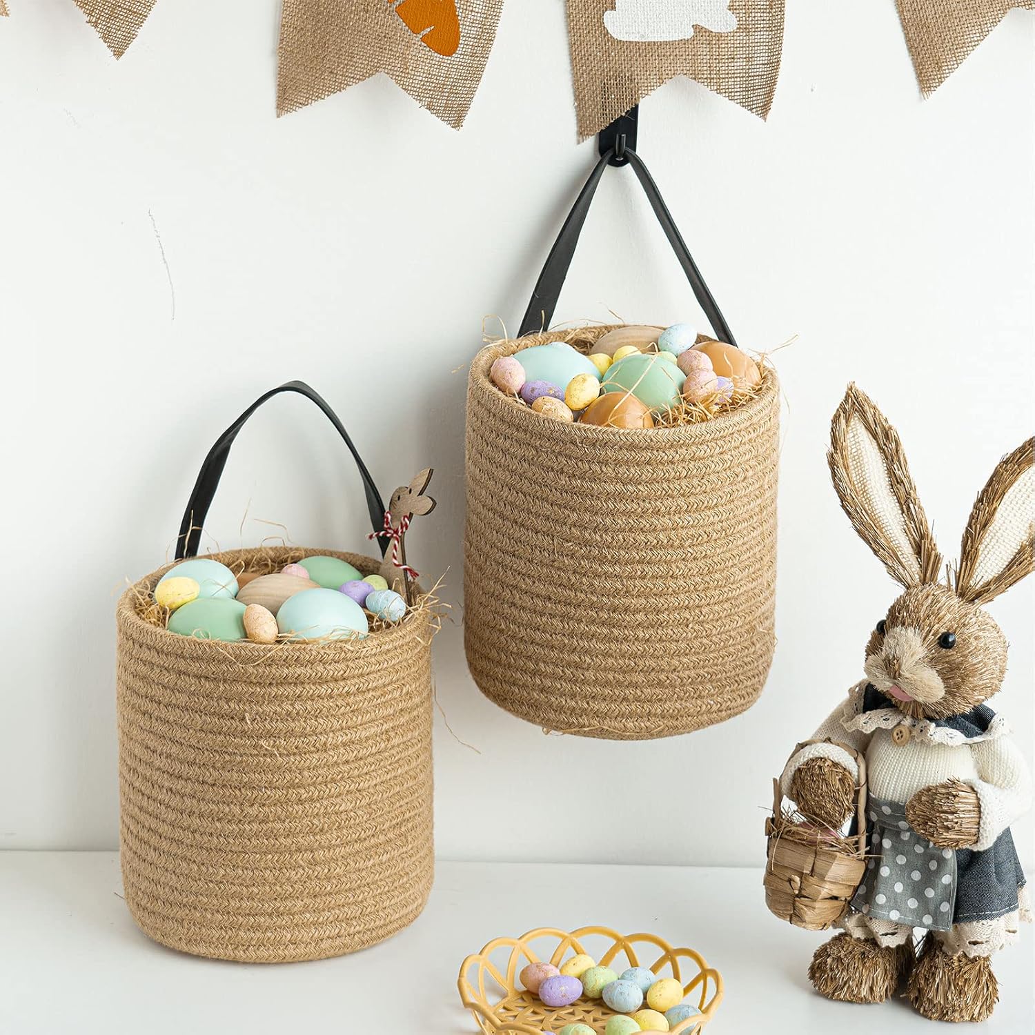 Small Woven Fern Hanging Rope Basket Flower Plants Wall Basket Decor Set Boho / Jute / Set of 2