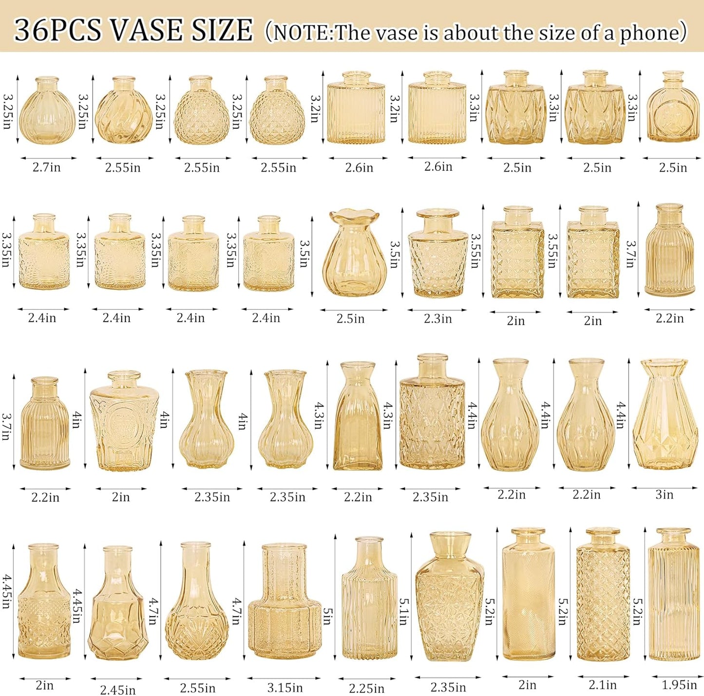 Bud Vases Set Small Vintage Glass Bottles Bud Vases in Bulk Multiple Shape / Champagne / Set of 36
