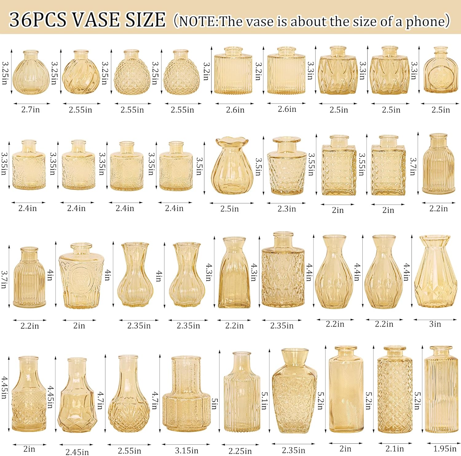 Bud Vases Set Small Vintage Glass Bottles Bud Vases in Bulk Multiple Shape / Champagne / Set of 36