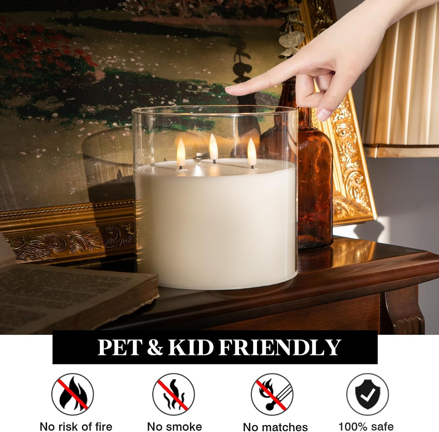 Extra Large Flameless Candles with 3 Wicks, 6"x6" Glass Battery Operated Candles with Remote, Real Wax Flickering LED