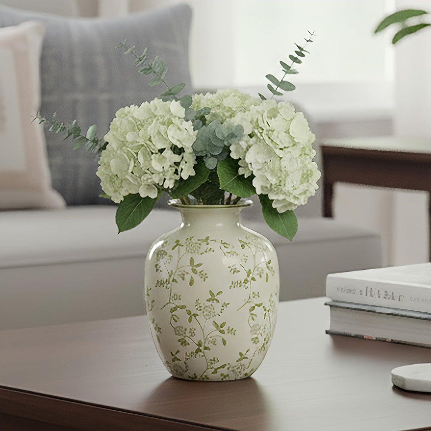 Ceramic Vase for Pampas Grass / Green and Beige / 7 Inch