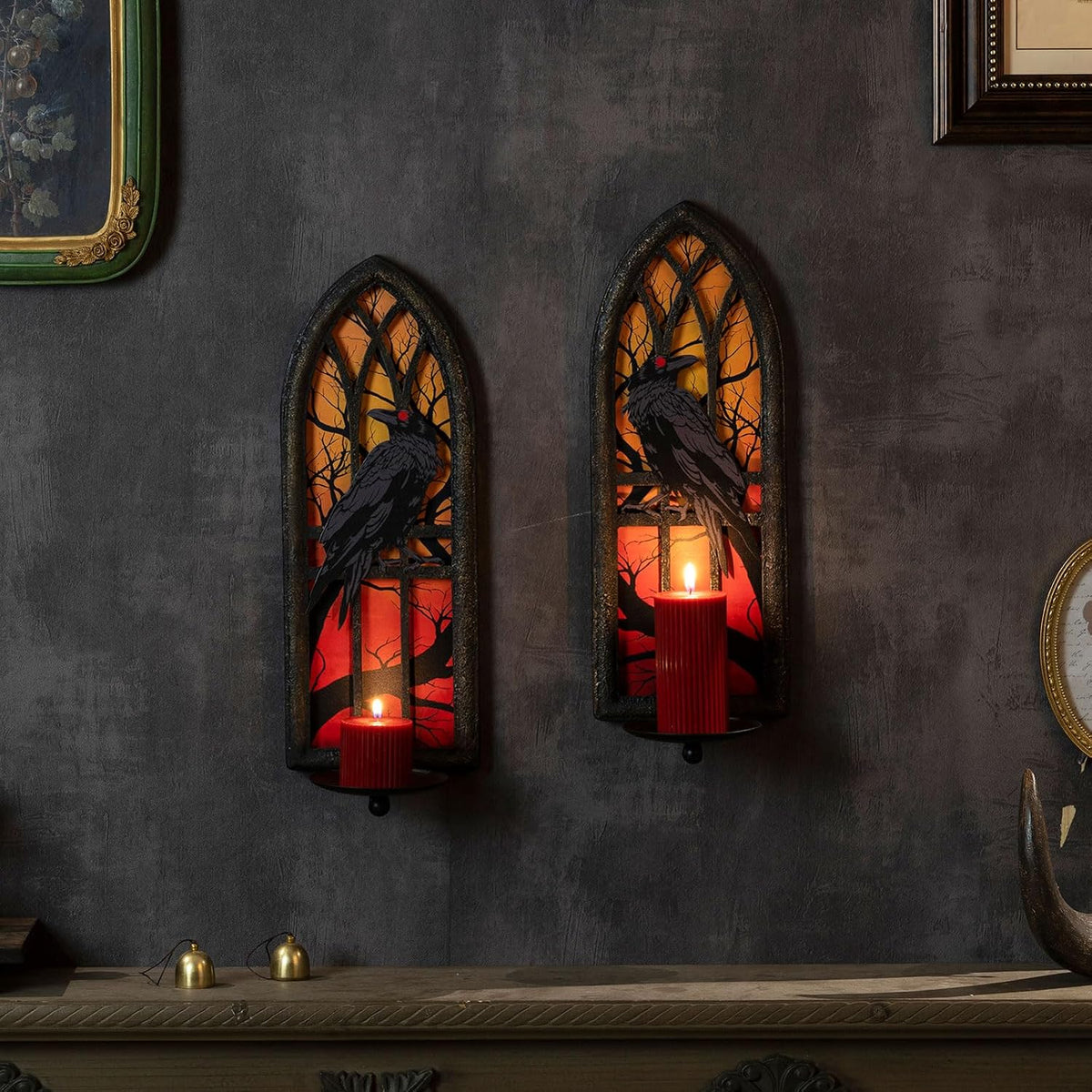 Gothic Wall Candle Sconces Set of 2, Wrought Iron Crow Wall Mounted Candelabra Holder with Removable Trays for Taper &