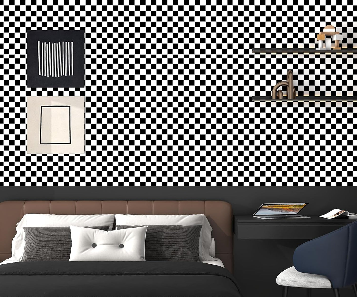 Modern Peel and Stick Wallpaper and White Mosaic Checkered Contact Paper " Self / 17.7 x 197 / Black