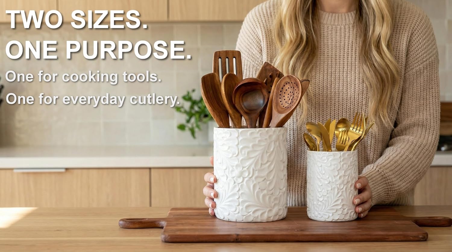 25DOL Large 7.3"+5.4" Engraved Ceramic Utensil Holder for Countertop, Cooking Utensils Organizer for Spatula, Large