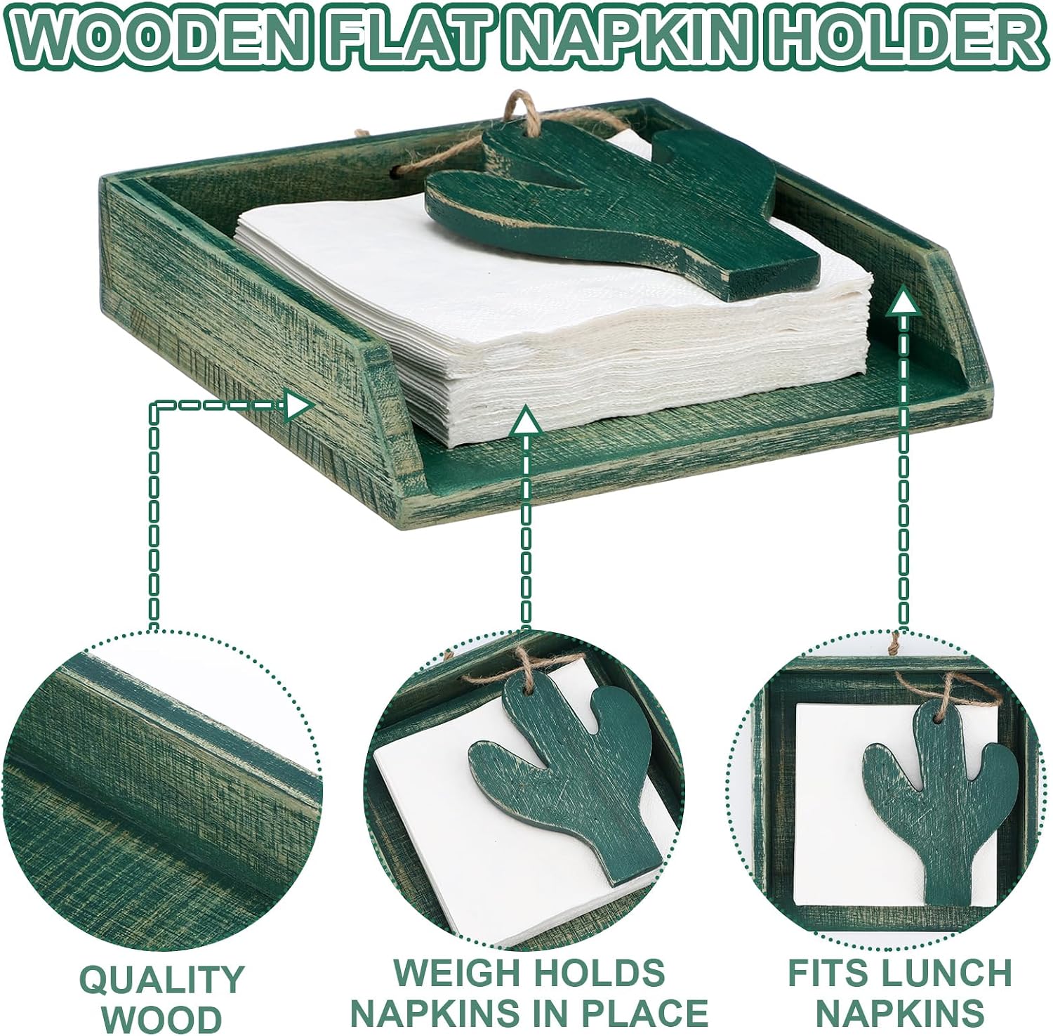 Wooden Lunch Napkin Holder / Green / 7 x 7