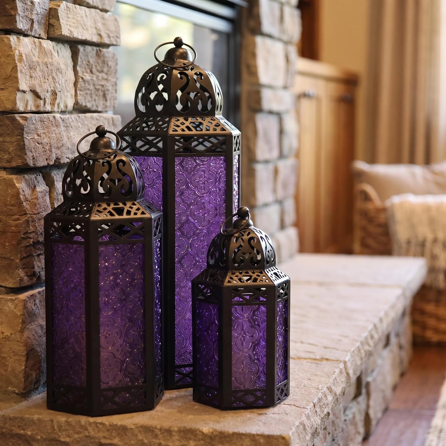 VELA LANTERNS Set of 3 Purple Glass & Black Metal Moroccan Candle Lantern Holders (XL, Large, Small) - Decorative
