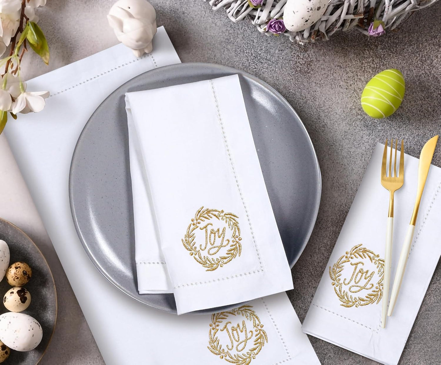 Bedding Craft Cotton Cloth Dinner Napkins, White & Gold, 18x18, 12-Pack | 100% cotton, gold embroidery, machine