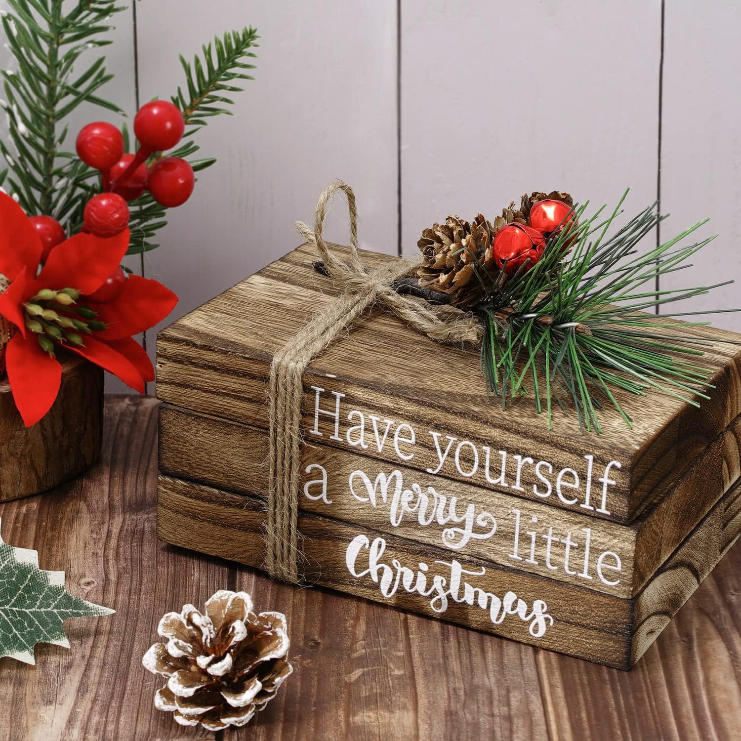 Christmas Wooden Tiered Tray Decor Merry Christmas Faux Decorative Stacked Books Bundle Wooden Block