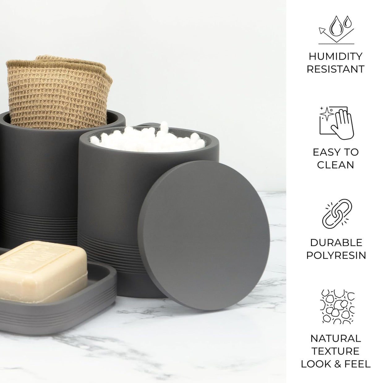 Gray Bathroom Accessories Set 6 Pieces - Toothbrush Holder, Lotion Dispenser, Qtip Container, Vanity Tray, Tumbler