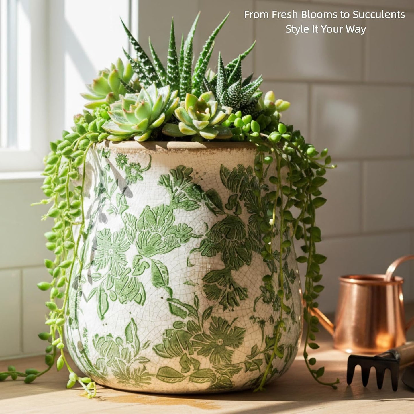 Vintage Ceramic Vase / Large - Belly Jar with Drainage Hole / Green