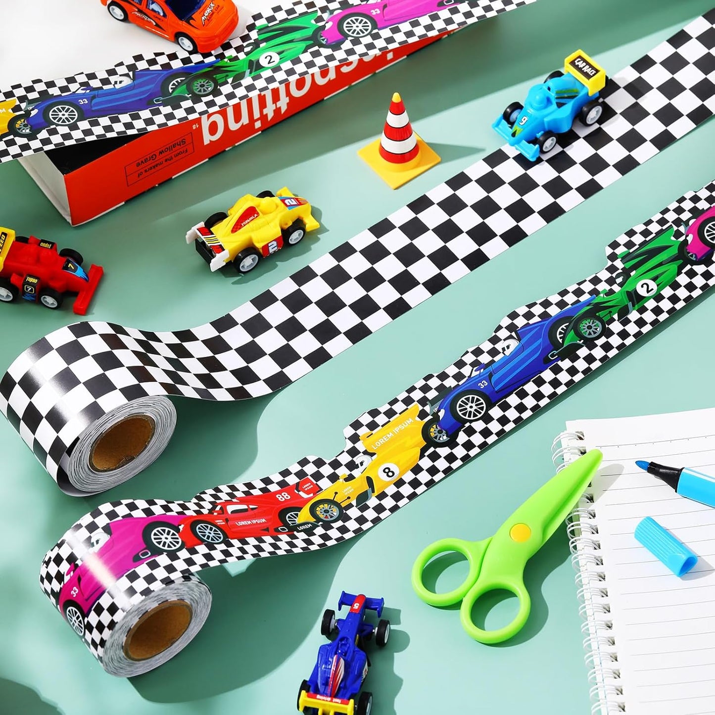 2 Rolls Racing Car Board Borders Decorations Checkerboard Bulletin Board / Racing Style / 65.6 Inch