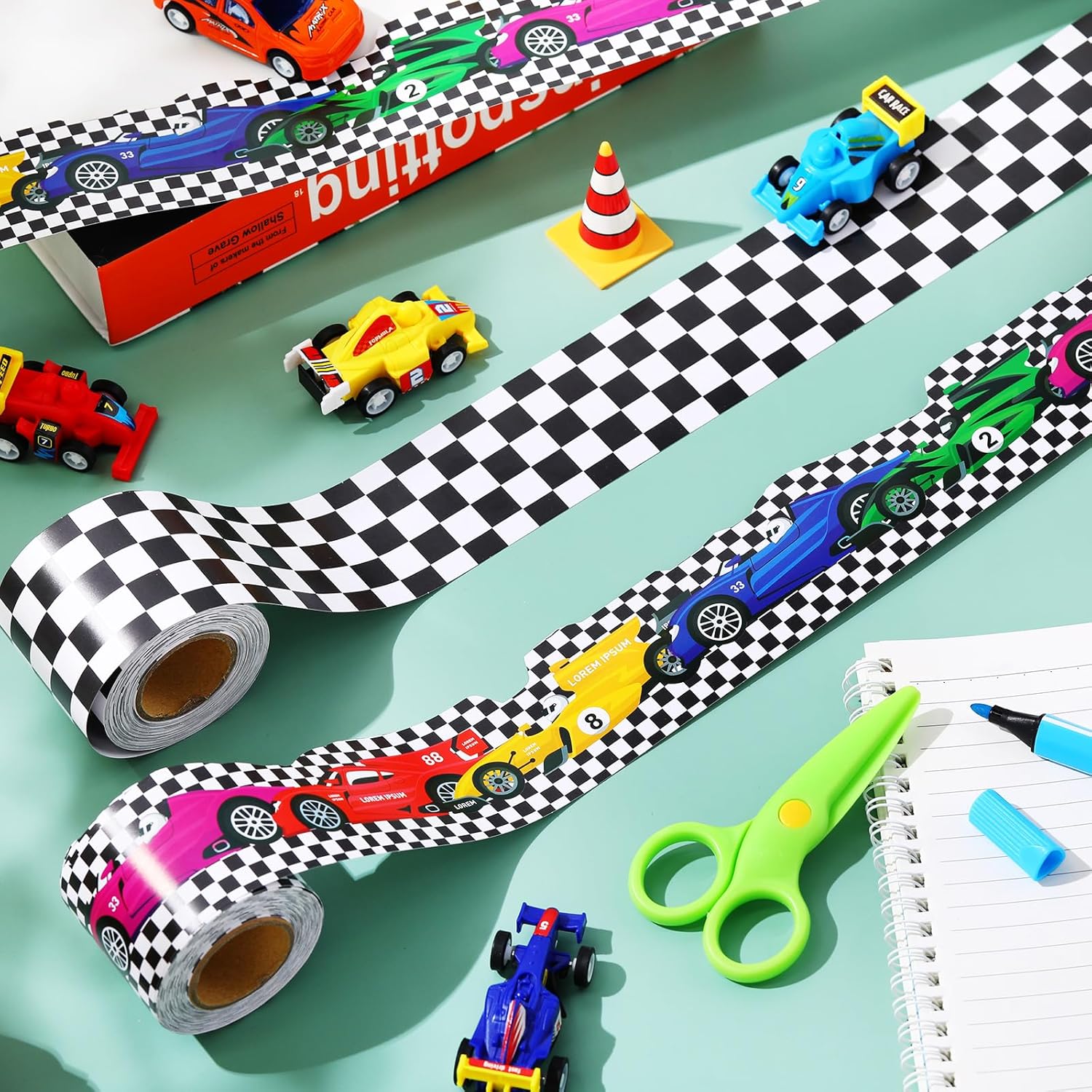 2 Rolls Racing Car Board Borders Decorations Checkerboard Bulletin Board / Racing Style / 65.6 Inch