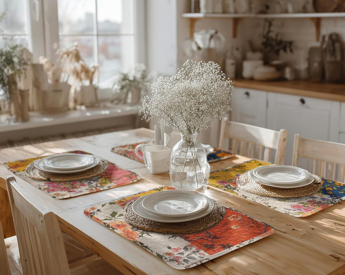 4-Piece Floral Patchwork Quilted Placemats, Original | 13 x 19 inch, reversible quilted cotton, four distinctive