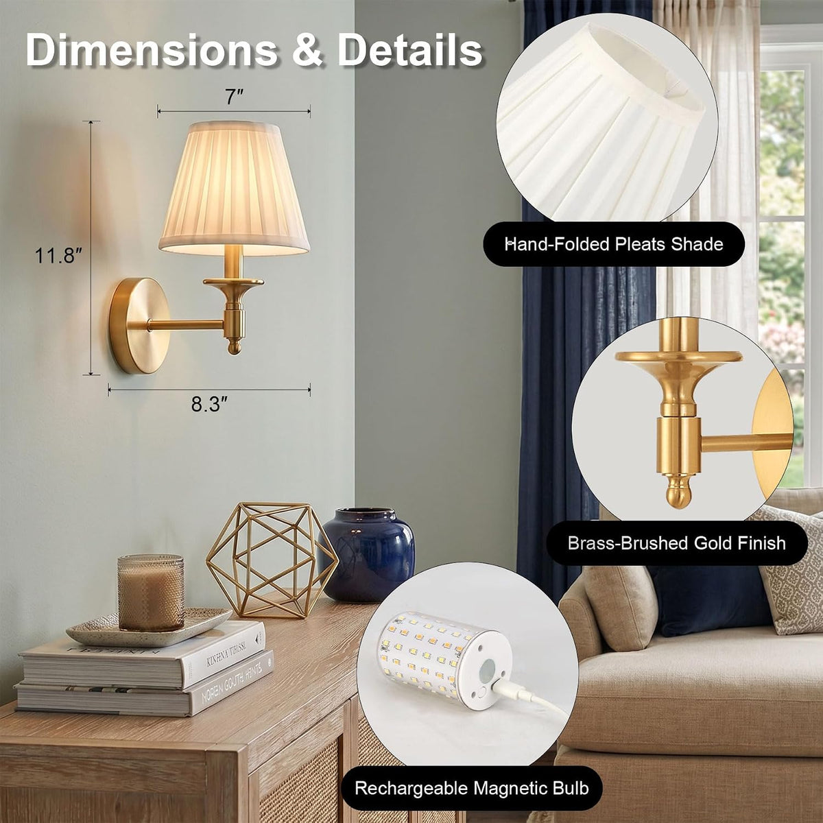 Battery Operated Wall Sconce Set of 2, Gold Wireless Wall Lights with 3 CCT Color Temperature & Dimmable Magnetic Bulb
