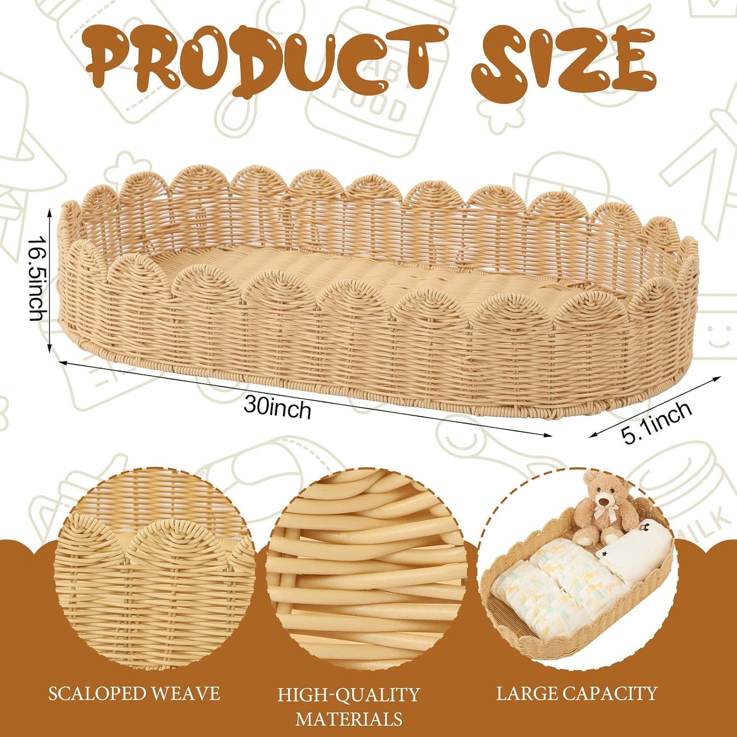 Handmade Scalloped Rattan Baby Changing Basket Changing Table Basket for Baby / 30 x 16.5 x 5.1