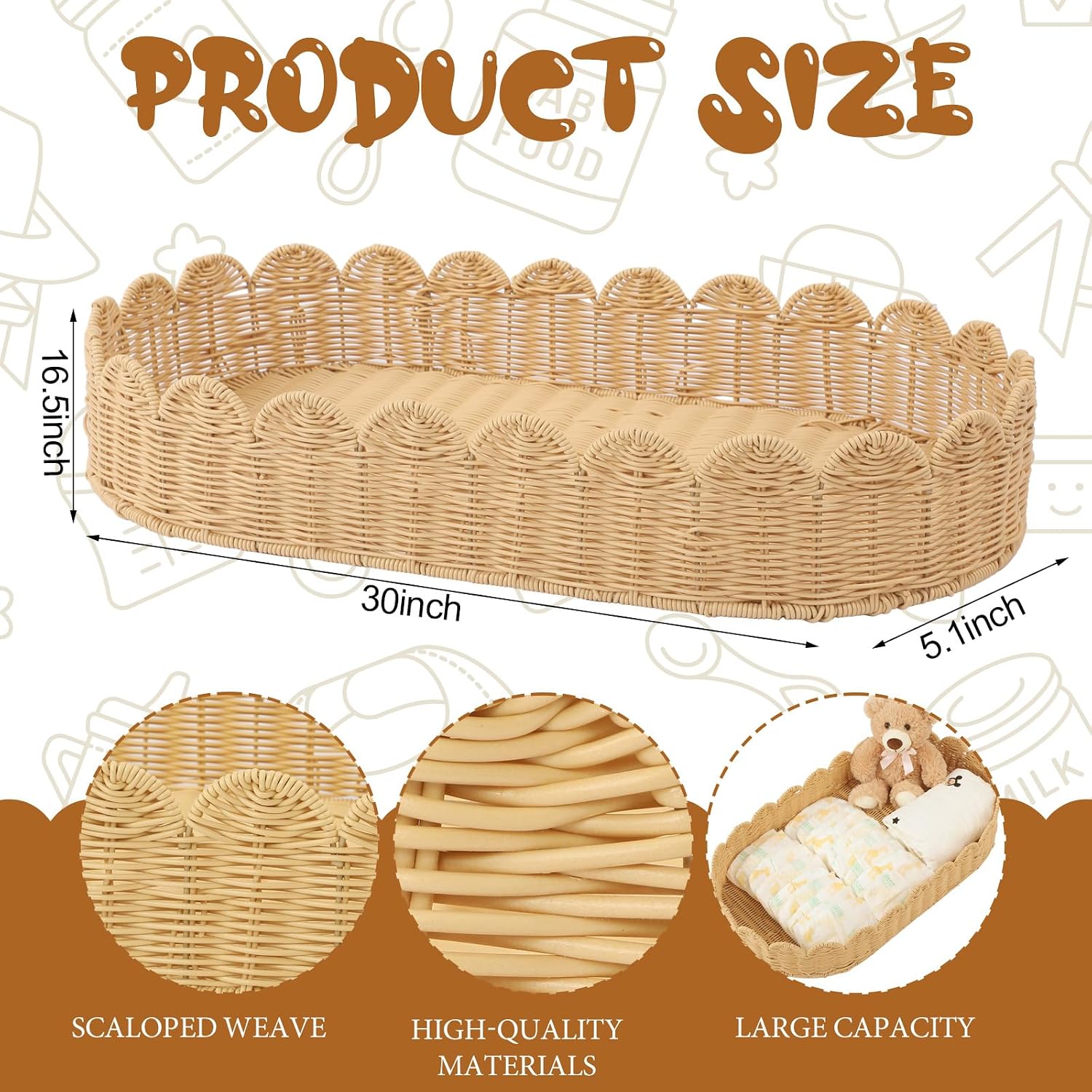 Handmade Scalloped Rattan Baby Changing Basket Changing Table Basket for Baby / 30 x 16.5 x 5.1
