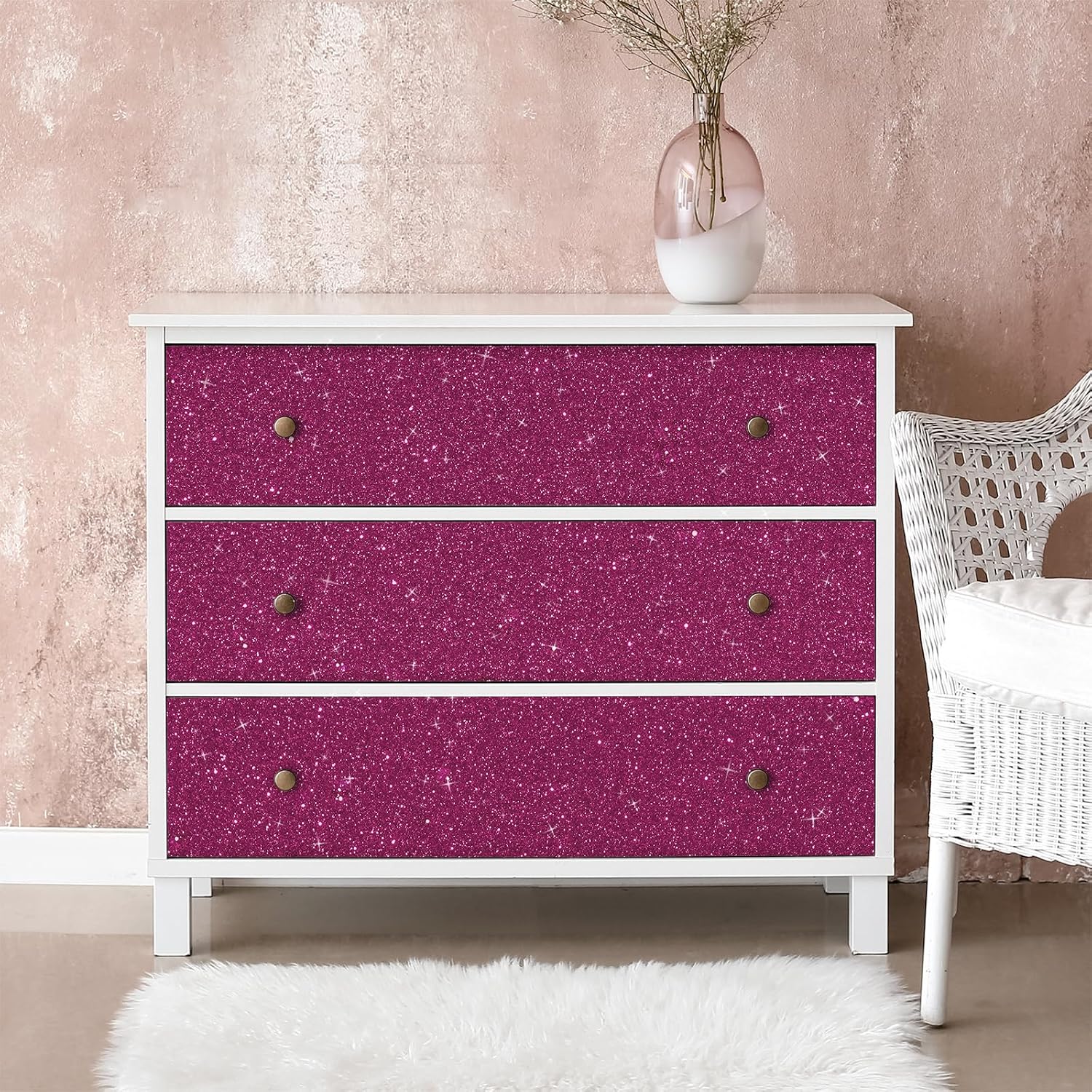 Glitter Wallpaper Border " Shiny Glitter Wallpaper Stick and Peel Fabric Wall / 8 x 354 / Deep Pink