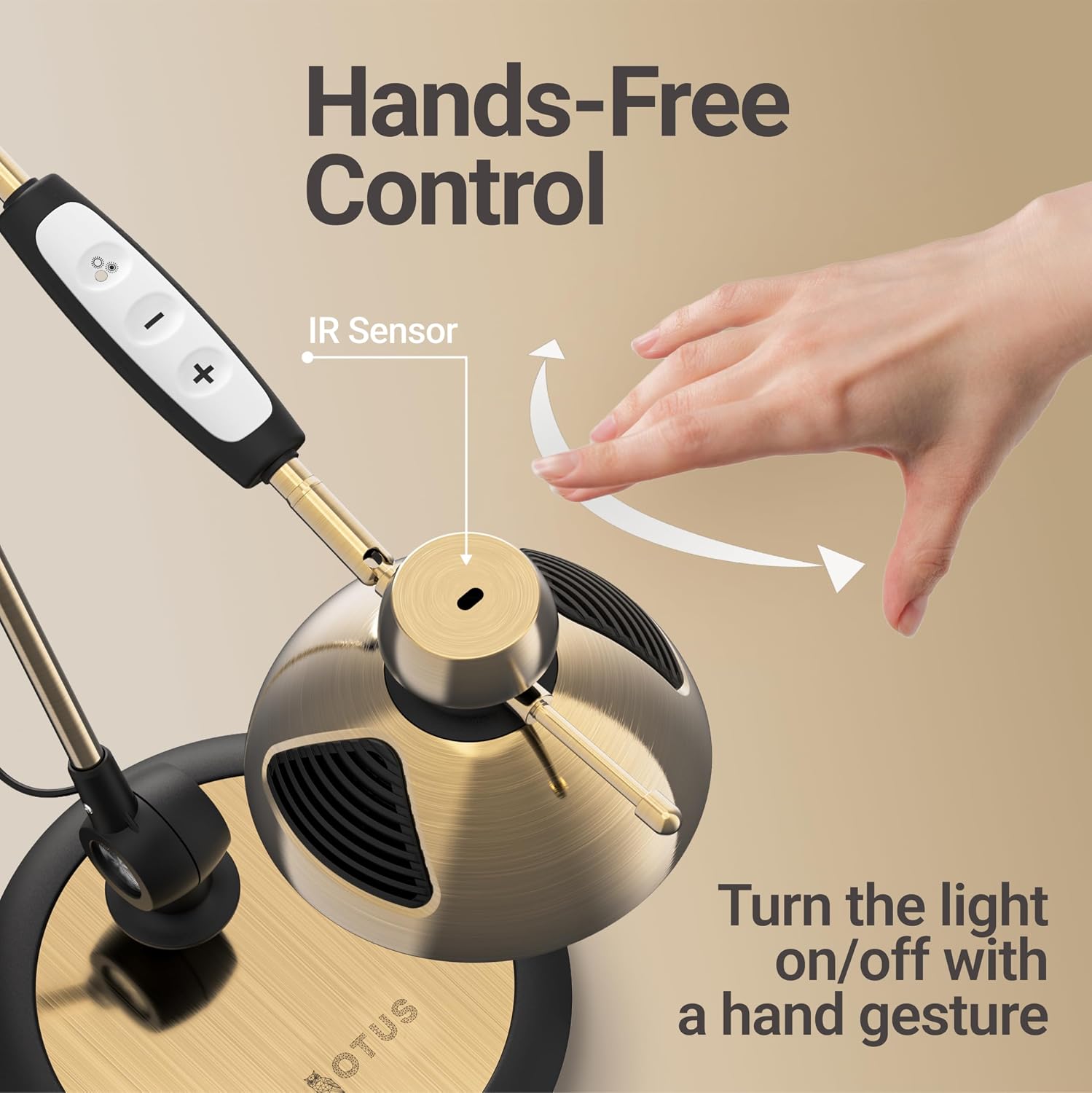 OTUS Tall LED Architect Desk Lamp for Home Office, Gesture Control, Brass | Touch Dimming, 12 Brightness Levels