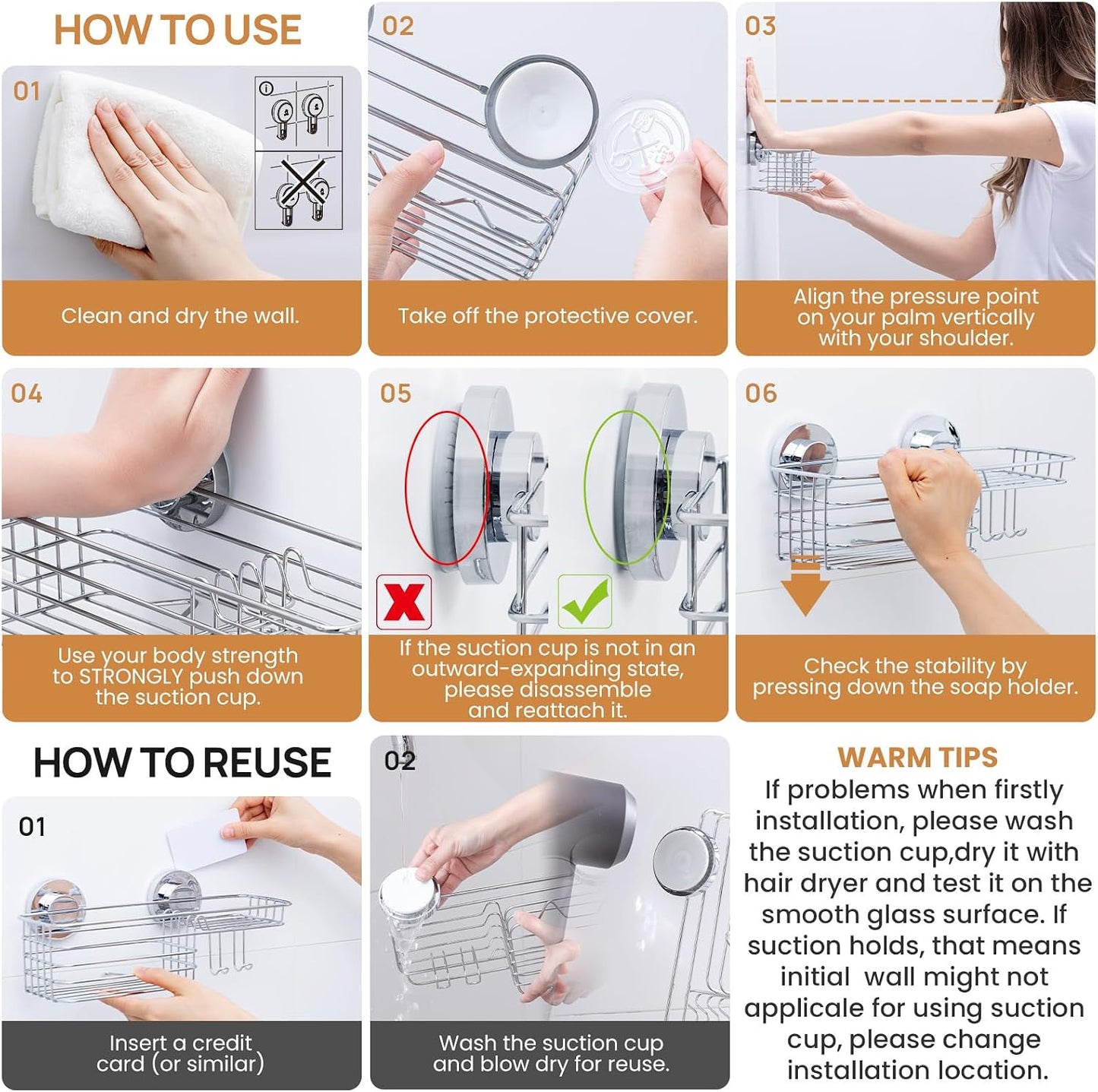 Shower Caddy Suction Cup Shower Shelves Shower Holder / 1 x Silver