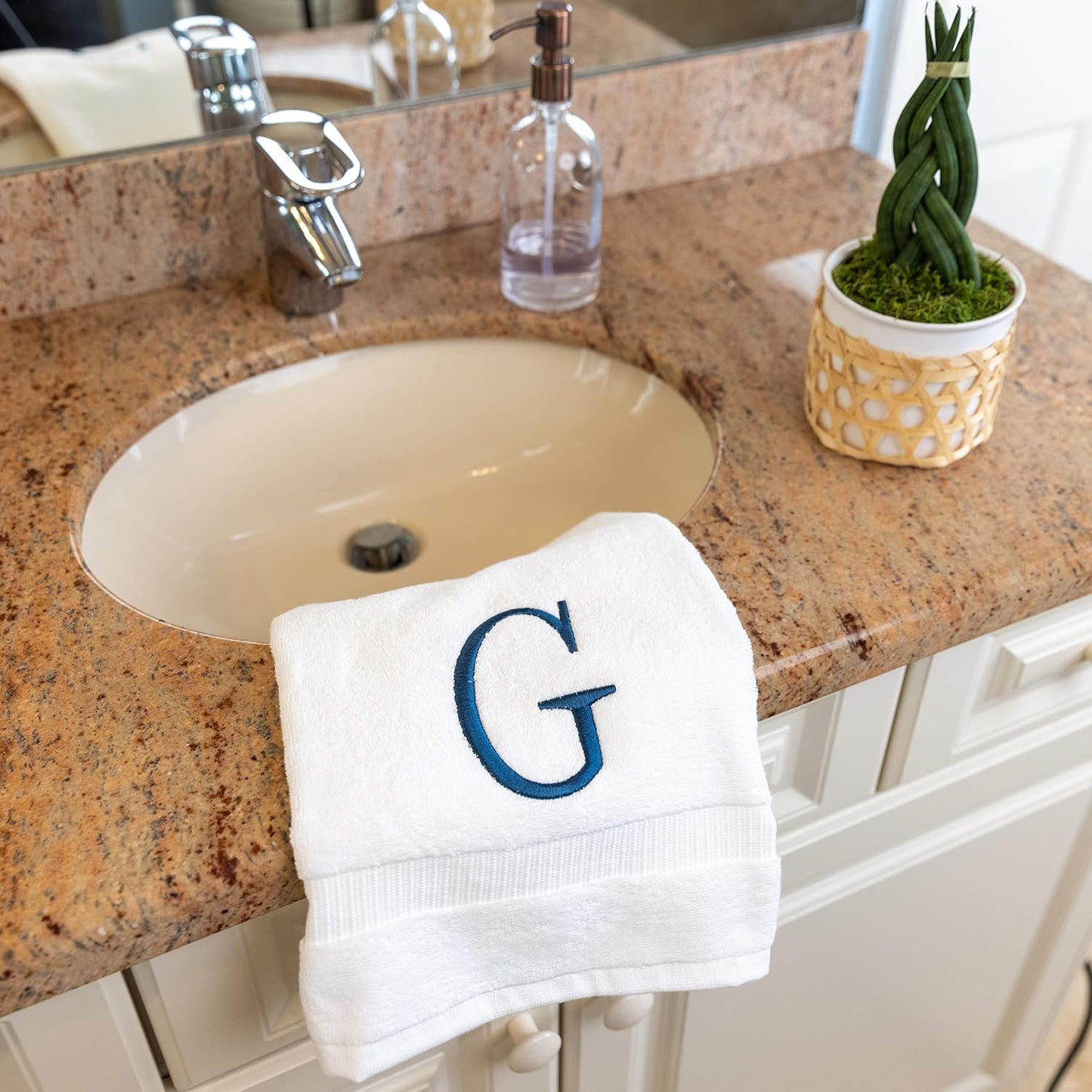 White with Navy Monogrammed Hand Towels for Bathroom - Set of 2 Letter G | Luxury Hotel Quality Initial Towels For