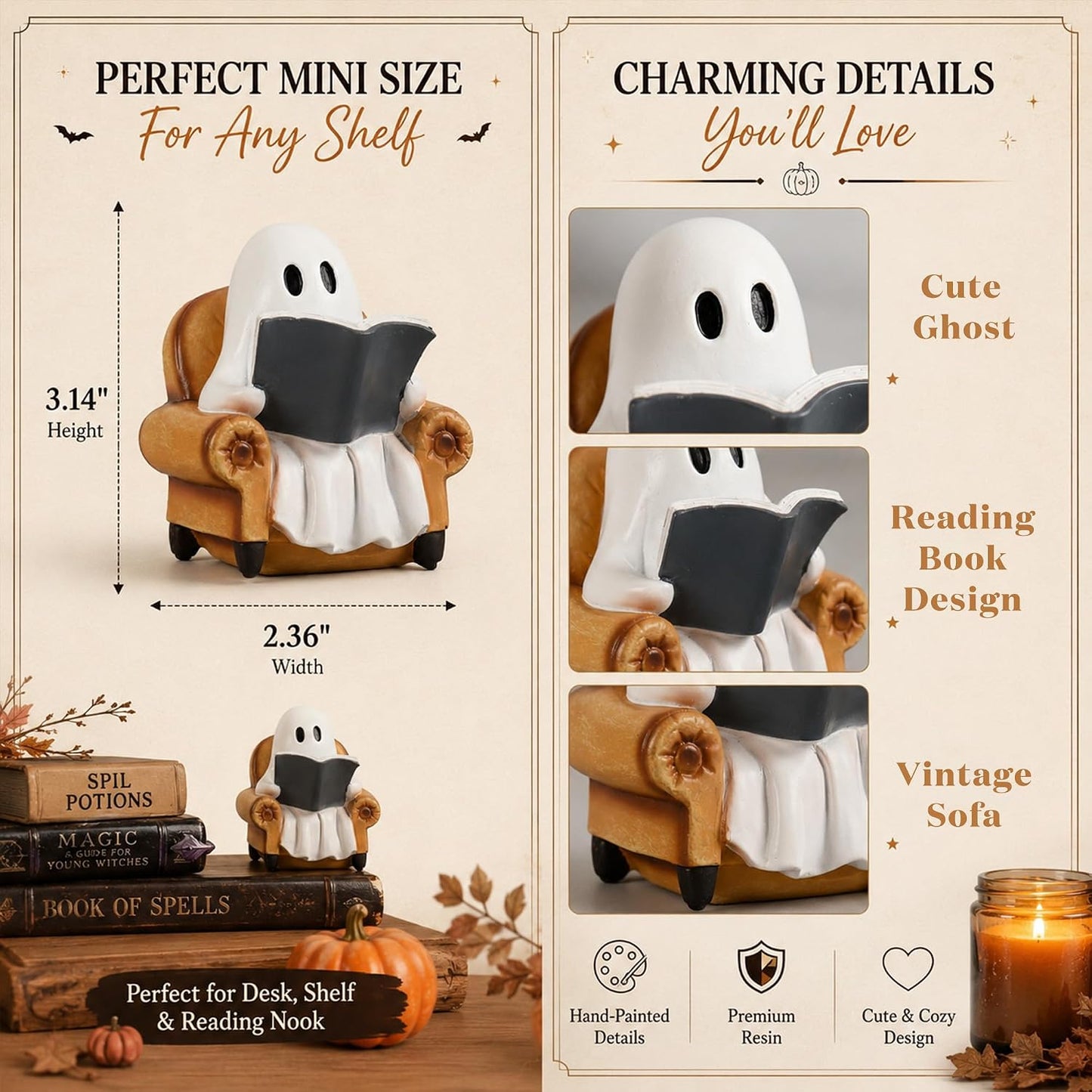 Halloween Decorations Indoor Ghost Reading Book Figurines Ghost Decor Book Lovers / Reading Ghost