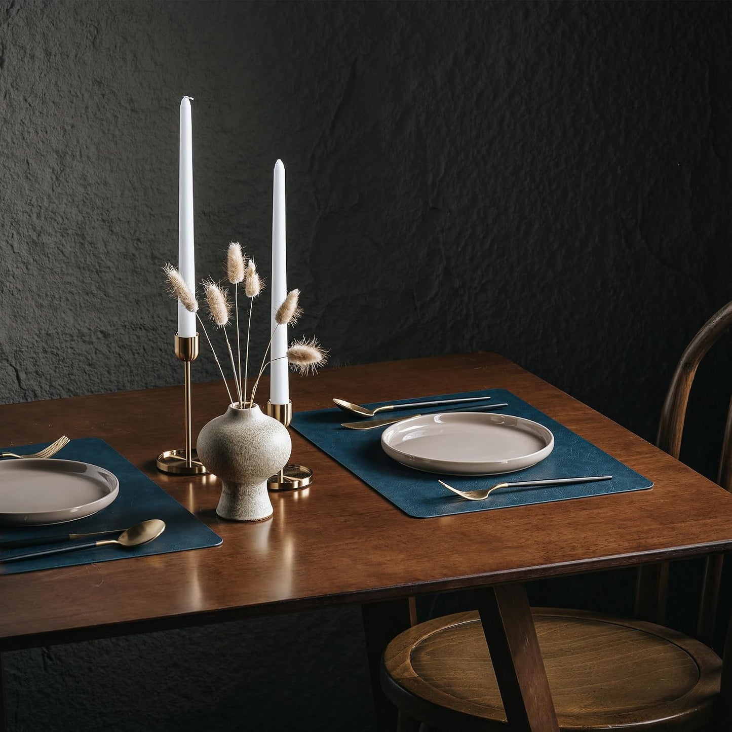 DOLOPL Placemats Set of 6, Reversible Dual-Color Faux Leather Place Mats | Camel & Navy Blue, Wipeable & Washable, Heat
