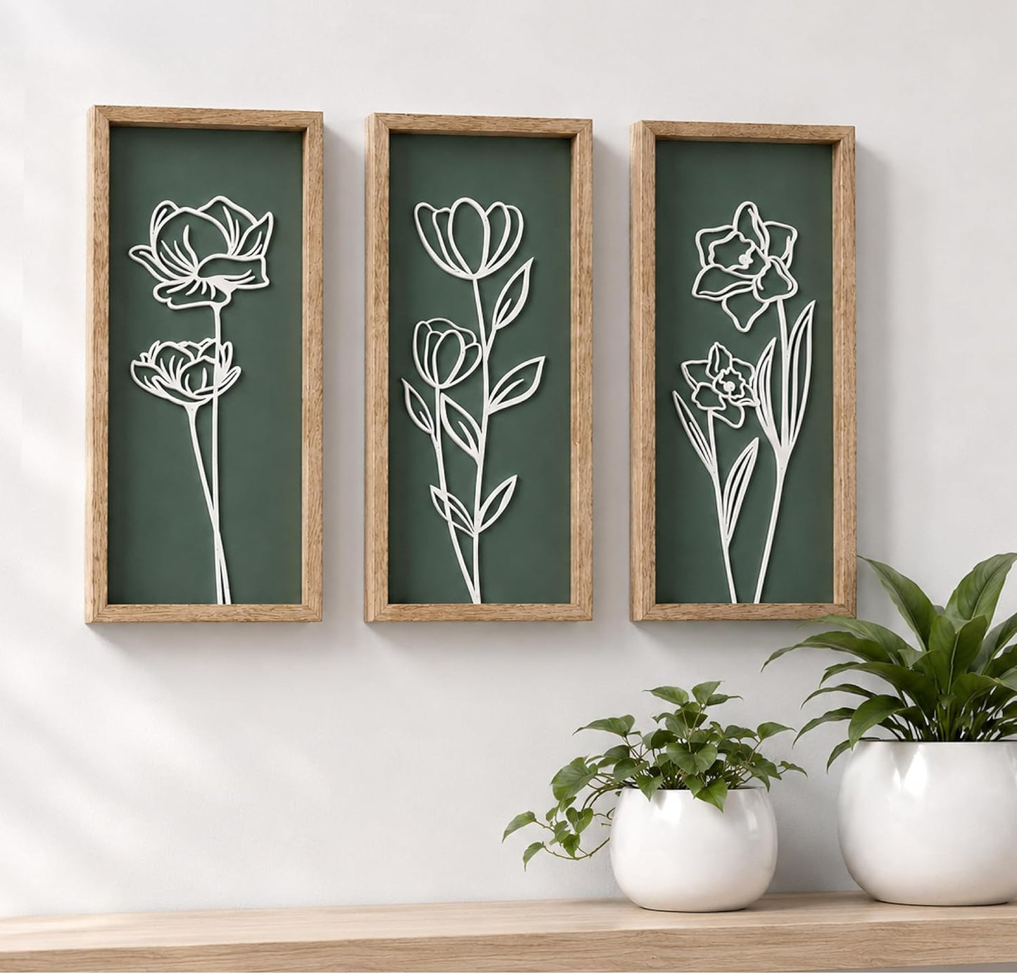 Tide and Tales 3d Green Wall Art, Wooden Botanical Wall Decor, Set of 3