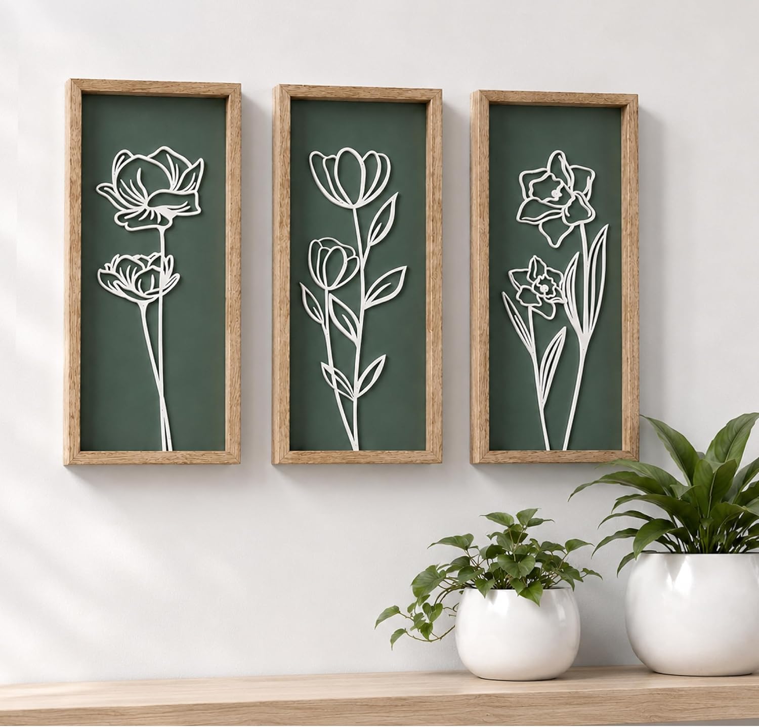 Tide and Tales 3d Green Wall Art, Wooden Botanical Wall Decor, Set of 3