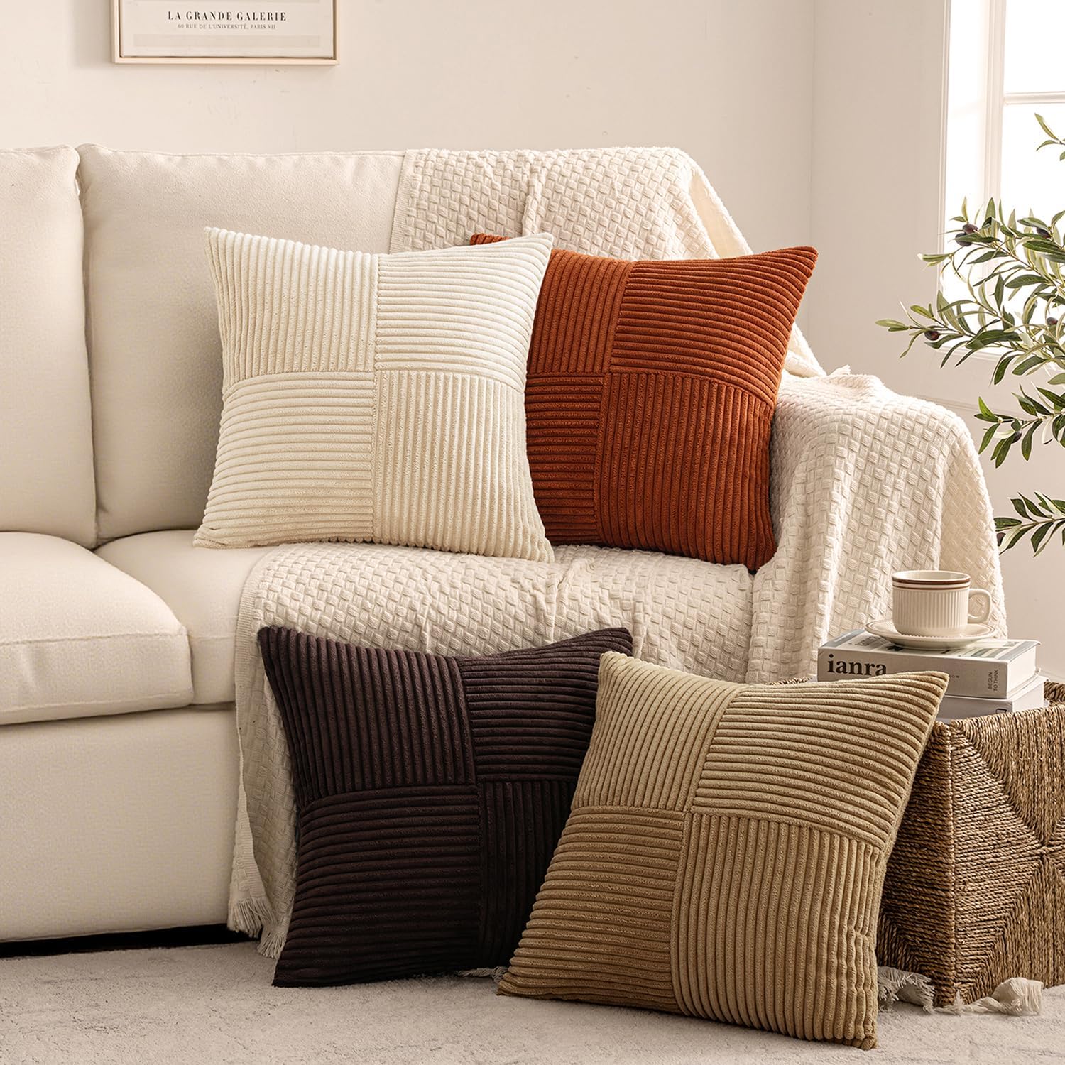 Throw Pillow Covers Boho Farmhouse Cushion Cases for Livingroom / 20 x 20 / Brown Beige / Set of 4